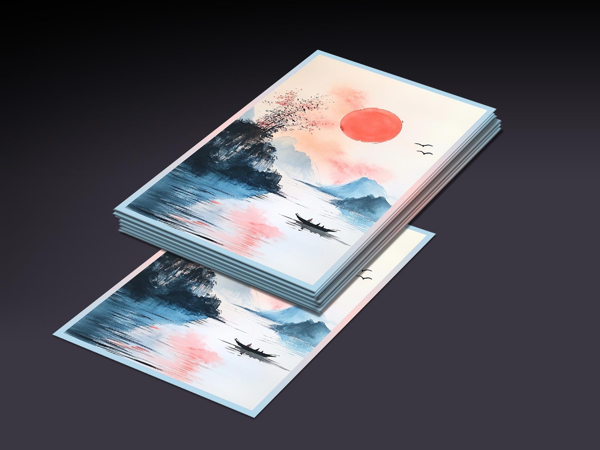 Watercolor Red Sun MTG Sleeves: Japanese Art, Durable, 100+ Count