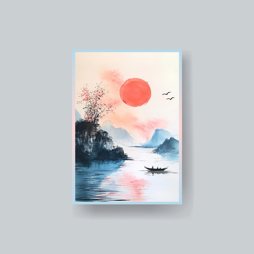 Watercolor Red Sun MTG Sleeves: Japanese Art, Durable, 100+ Count